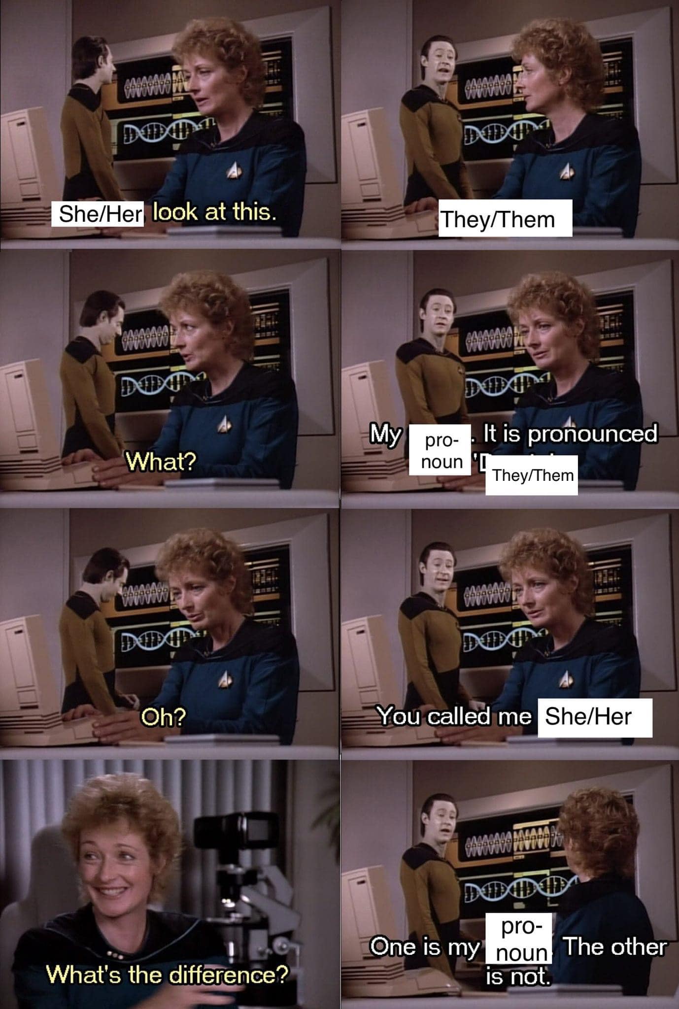 The meme is a screenshot from the TV show Star Trek: The Next Generation, featuring a character named Deanna Troi, who is a Betazorian (a species with the ability to read and control emotions). In the scene, Deanna is explaining the difference between "he" and "she" pronouns, but gets confused and starts to explain the difference between "they" and "them" pronouns, which is a common source of confusion for many people. The text "He/She vs They/Them" is written above the scene, and the character's confused expression is a humorous commentary on the challenges of modern language.